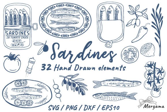 Charming Coastal Vibes with Hand Drawn Sardine Seafood & Lemon SVG