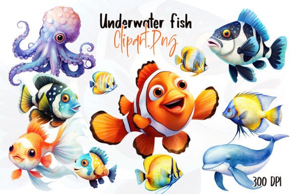 Dive into Design: Cute Underwater Fish Clipart for Creative Projects