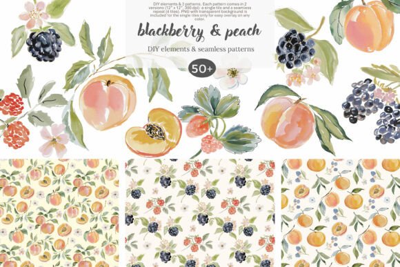 Watercolor Fruit Clipart Set & Patterns for Cottagecore Branding