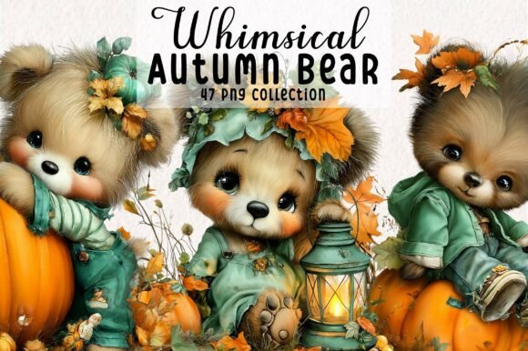 Whimsical Autumn Bear Clipart: Charming Seasonal Design Assets