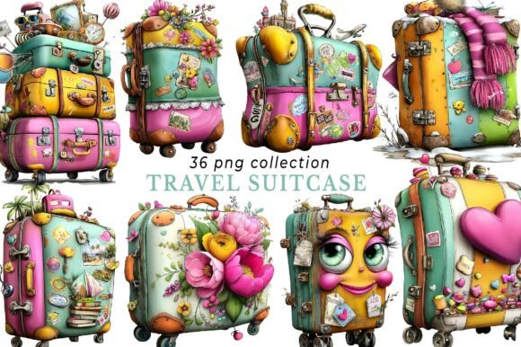 Whimsical Travel Suitcase Clipart: 36 Designs for Creative Projects