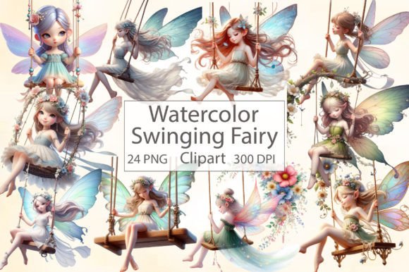 Whimsical Watercolor Swinging Fairy Clipart for Designers